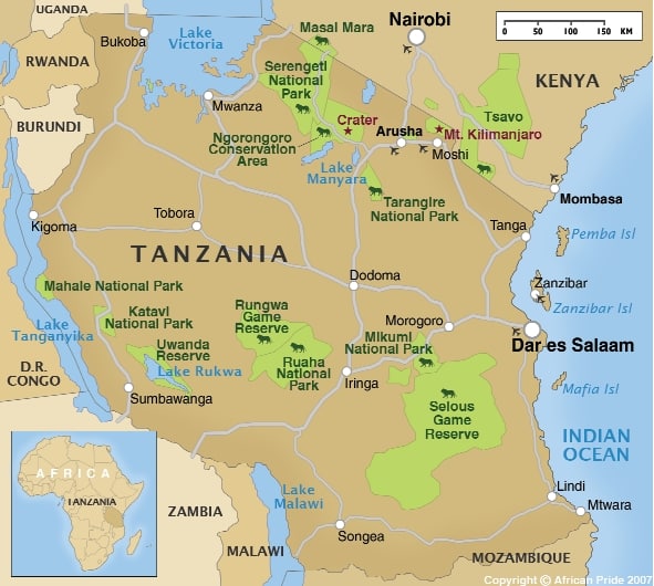 mappa di tutti i parchi safari in Tanzania