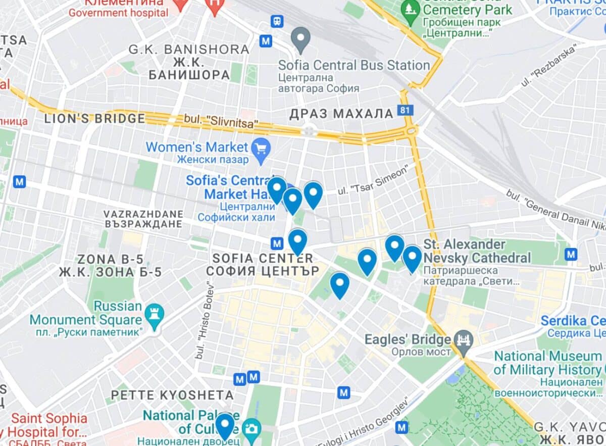Mappa dei posti da vedere a Sofia