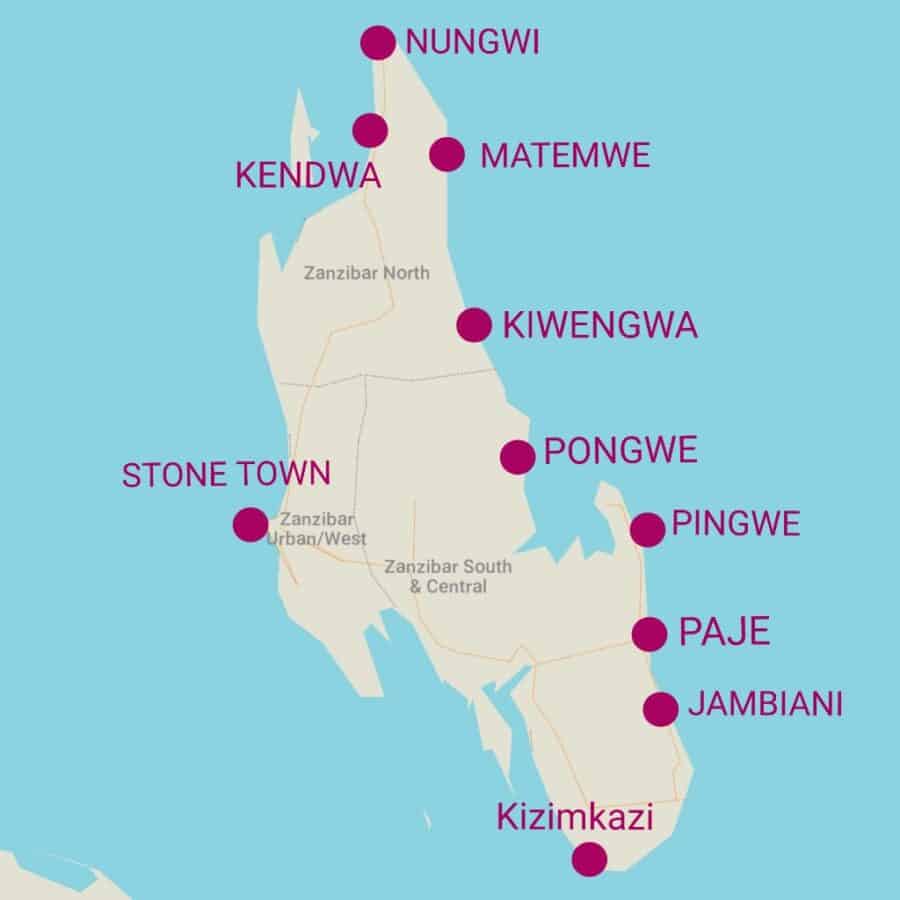 Mappa delle zone dove alloggiare a Zanzibar