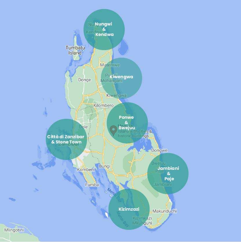 mappa delle spiagge di Zanzibar