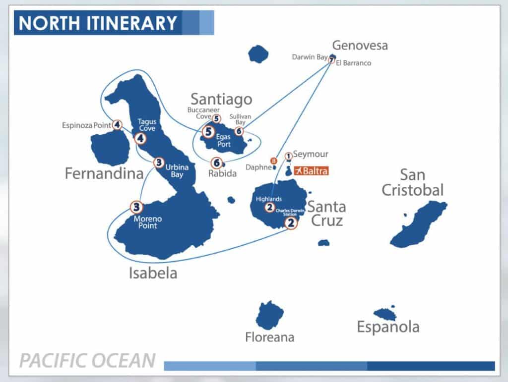 Isole Galapagos mappa itinerario Nord