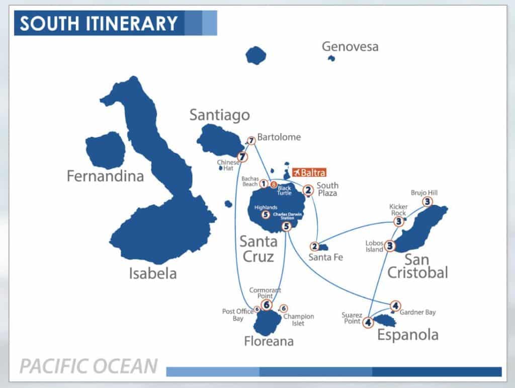 Isole Galapagos crociera mappa itinerario sud