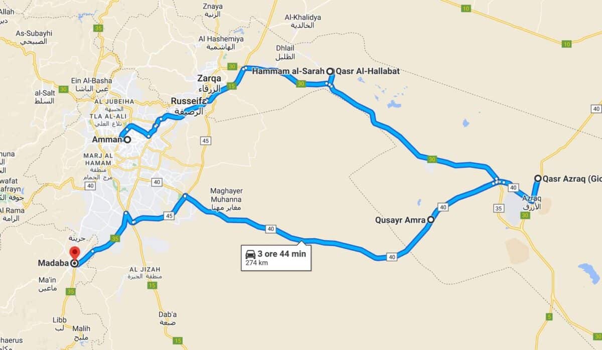 Mappa per visitare i castelli nel deserto di Amman